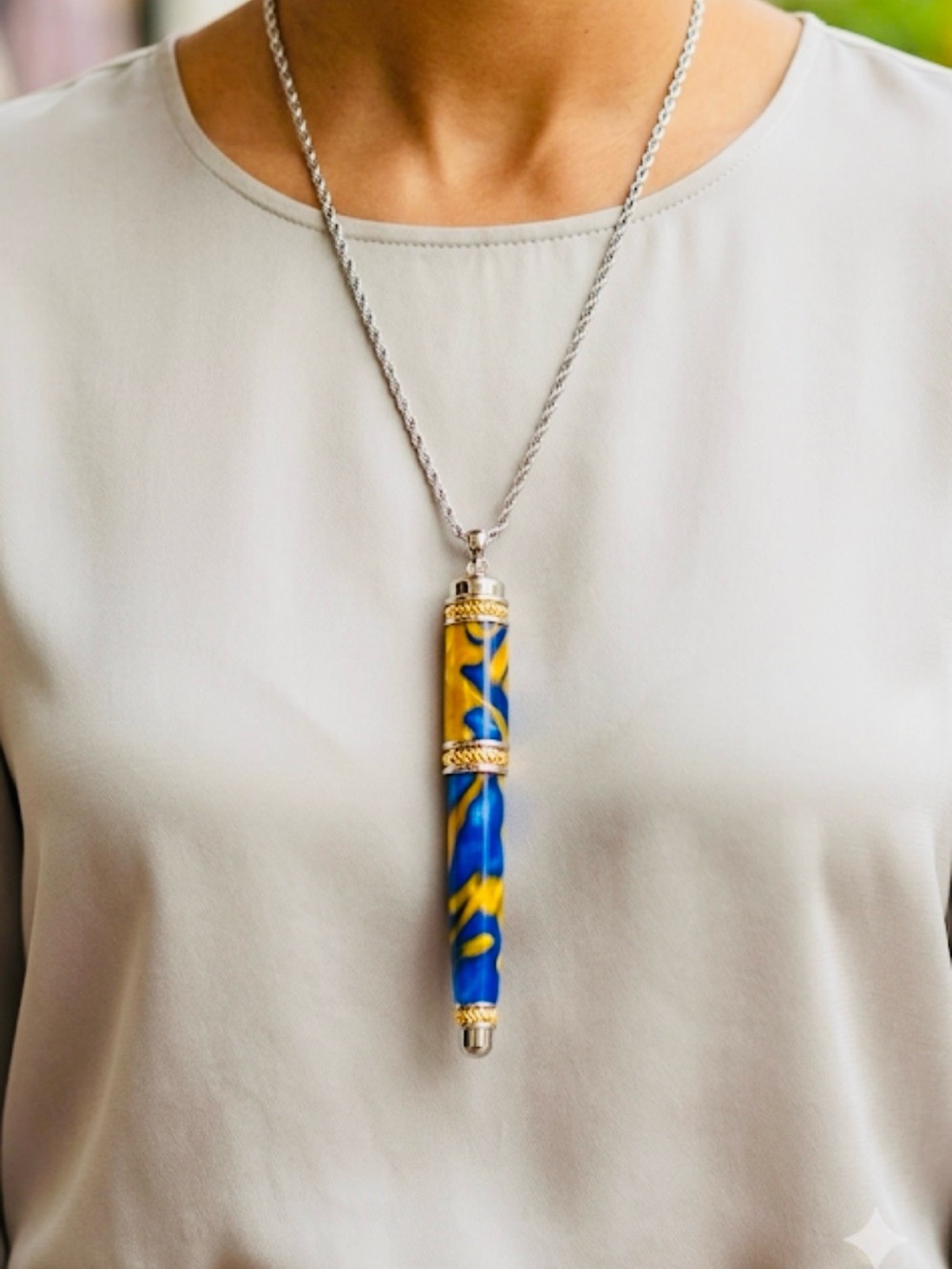 Vintage Pen Statement Pendant Necklace Blue Yellow Swirl Functional